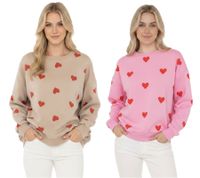 ZWILLINGSHERZ Women's Heart-Print Sweat-Style Sweater – Crew Neck Winter Pullover (Model 47056: Beige/Red or Pink/Red)