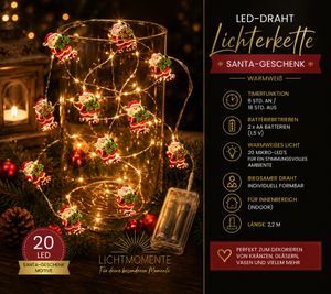 Guirnalda de luces LED LIGHT MOMENTS resistente al agua con diseño de regalo de Papá Noel, función de temporizador, 2,2 metros, 20 micro LEDs blanco cálido, 9843553 Plata