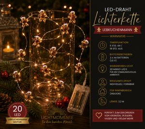 Guirnalda de luces LED impermeables LICHTMOMENTE con diseño de hombre de jengibre, función de temporizador, 2,2 metros, 20 micro LEDs blanco cálido, 9843855 Plata