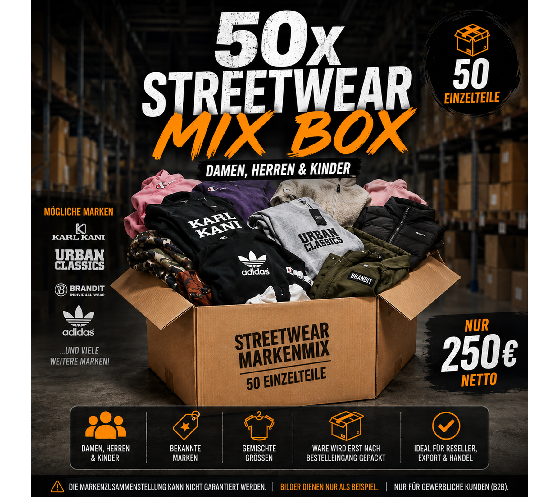 50x Streetwear Markenmix | Karl Kani, Urban Classics, Brandit, adidas u.v.m. | Textilien für Damen, Herren & Kinder