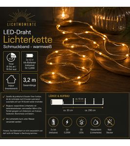 Stylische LICHTMOMENTE LED-Draht mit Schmuckband Lichterkette mit Timerfunktion 3,2 Meter 20 LEDs warmweiße Mikro-LED-Lämpchen 9844343 Gold