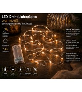 Funkelnede LICHTMOMENTE LED-Draht Lichterkette mit Timerfunktion 2,4 Meter 20 LEDs warmweiße Mikro-LED-Lämpchen 9843441 Silber