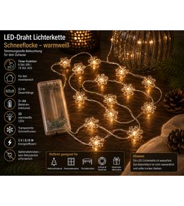 Stimmungsvolle LICHTMOMENTE LED-Draht mit Schneeflocken-Motiv Lichterkette mit Timerfunktion 2,1 Meter 20 LEDs warmweiße Mikro-LED-Lämpchen 9844442 Silber