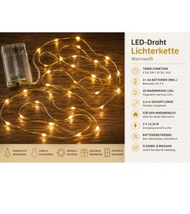 Funkelnde LICHTMOMENTE LED-Draht Lichterkette mit Timerfunktion 2,4 Meter 20 LEDs warmweiße Mikro-LED-Lämpchen 9843546 Gold