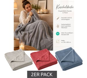 2-Pack Cozy Blanket – OEKO-TEX Standard 100 Certified Microfiber Blanket (approx. 150 x 200 cm) – Dark Grey, Blue, Red, or Light Grey