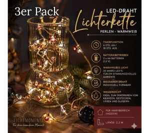 3er Sparpack Funkelnde LICHTMOMENTE Lichterkette mit Timerfunktion 2,2 Meter 20 LEDs warmweiße Mikro-LED-Lämpchen LED-Draht 7566784 Gold