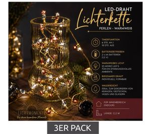 3er Sparpack Funkelnde LICHTMOMENTE Lichterkette mit Timerfunktion 2,2 Meter 20 LEDs warmweiße Mikro-LED-Lämpchen LED-Draht 7566784 Gold