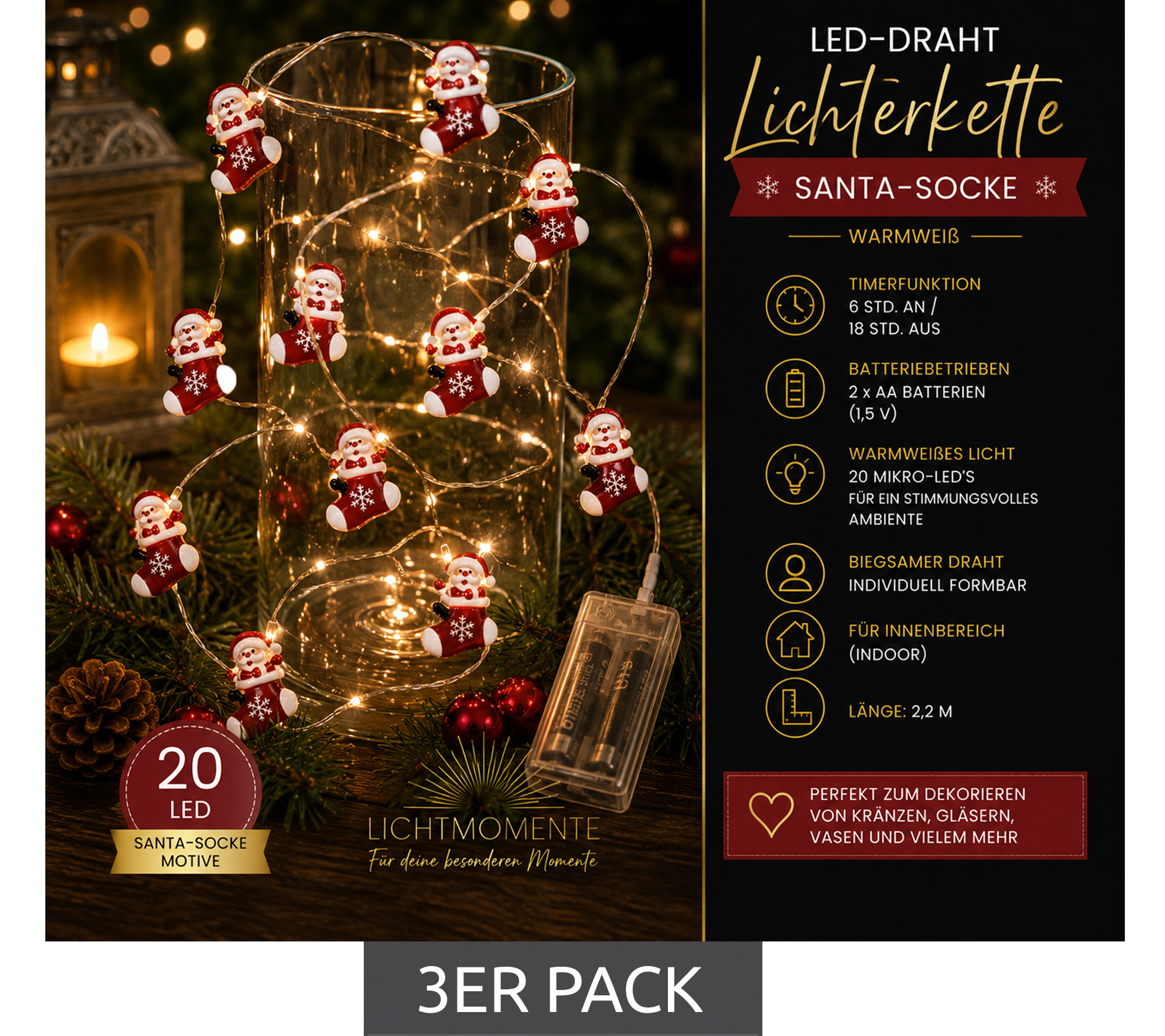 LICHTMOMENTE LED-Draht Lichterkette mit Santa-Socke Motiv