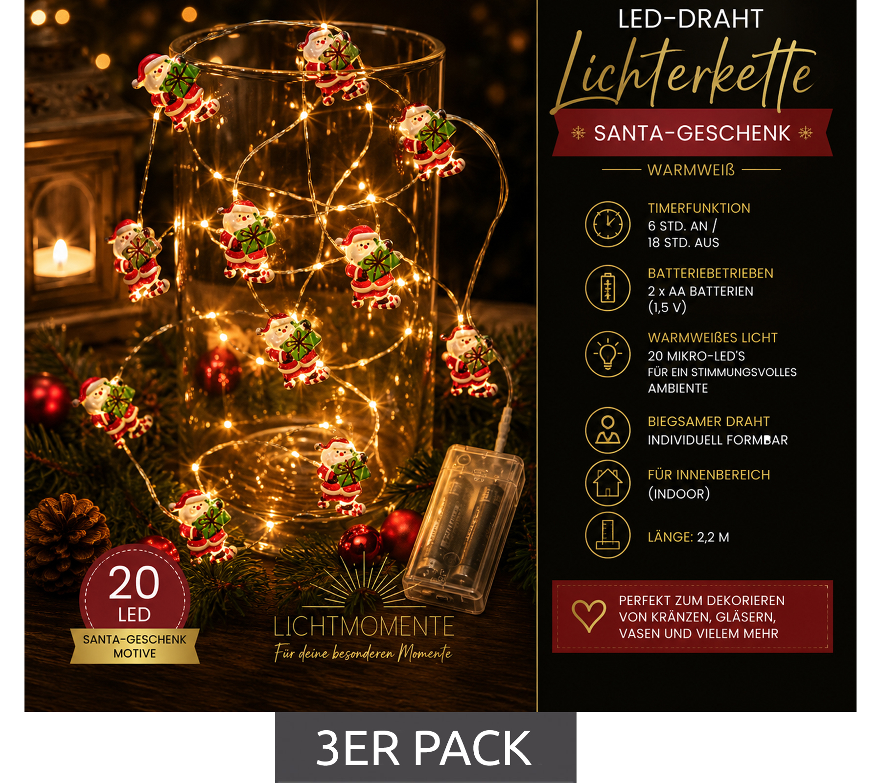 LICHTMOMENTE LED-Draht Lichterkette Santa-Geschenk 2,2m