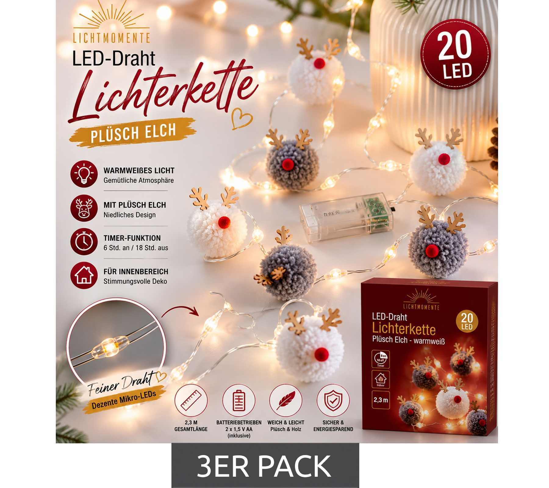LICHTMOMENTE LED-Draht Lichterkette mit Elch-Motiv, 2,3m