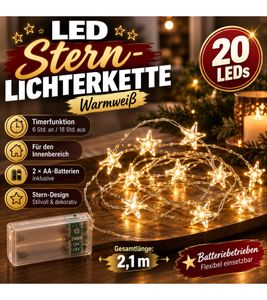Guirnalda de luces LED LIGHT MOMENTS con diseño de estrellas, temporizador, 2,1 metros, 20 micro LEDs blanco cálido, 9843947 Plata