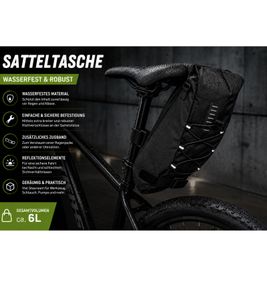 Sacoche de selle étanche avec coutures soudées, accessoire vélo, volume total env. 6 L, A0001293, Noir