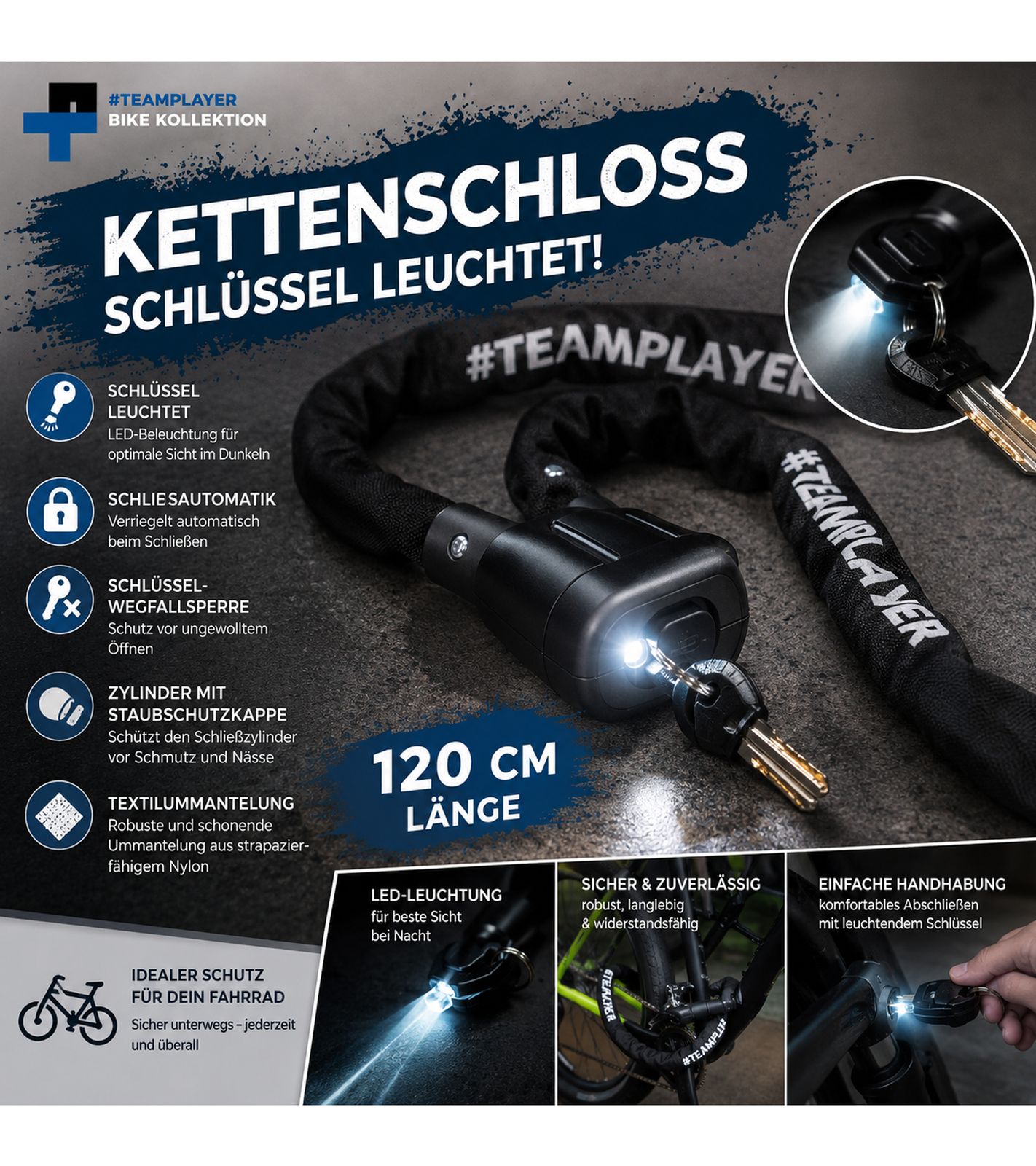 Fahrrad-Kettenschloss 120cm mit LED-Schlüssel