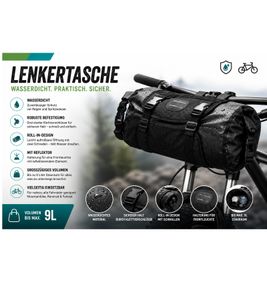 Bolsa impermeable para manillar de bicicleta con correas de velcro, volumen total aprox. 9 L, A0001919, Negra