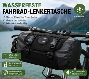 Wasserdichte Fahrrad-Lenkertasche 9L Rollverschluss Fahrradlenkertasche für MTB, E-Bike & Trekkingrad A0001919 Schwarz