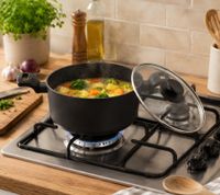 Mini olla de aluminio Accademia Mugnano de 20 cm con tapa de vidrio – Antiadherente – Fabricada en Italia – Negra