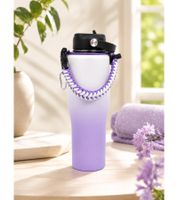 Praktische Edelstahl-Trinkflasche 950 ml doppelwandig Isolierflasche mit Trinkhalm, Trageriemen & Karabiner Lila/Weiß