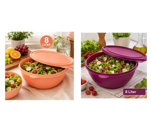 Recipiente práctico de 8 litros con tapa para almacenar alimentos – Bol grande de plástico para ensaladas, frutas y otros alimentos en color naranja/melocotón o morado
