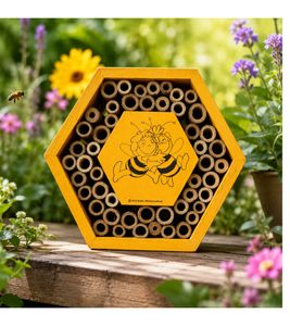 Hôtel à abeilles Maya l'Abeille, motif nid d'abeilles, tubes de bambou naturels, 15,5 x 11,8 x 17,8 cm, jaune