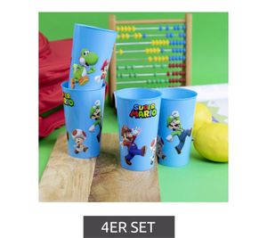 Lot de 4 gobelets Super Mario, 350 ml, avec un design Super Mario détaillé, gobelets réutilisables en plastique bleu