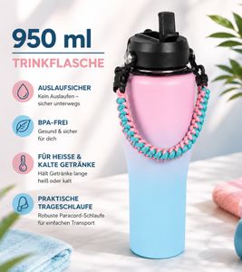 Praktische Edelstahl-Trinkflasche 950 ml doppelwandig Isolierflasche mit Trinkhalm, Trageriemen & Karabiner Pink/Blau