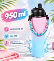 Praktische Edelstahl-Trinkflasche 950 ml Thermobecher doppelwandig Isolierflasche mit Trinkhalm, Trageriemen & Karabiner Pink/Blau