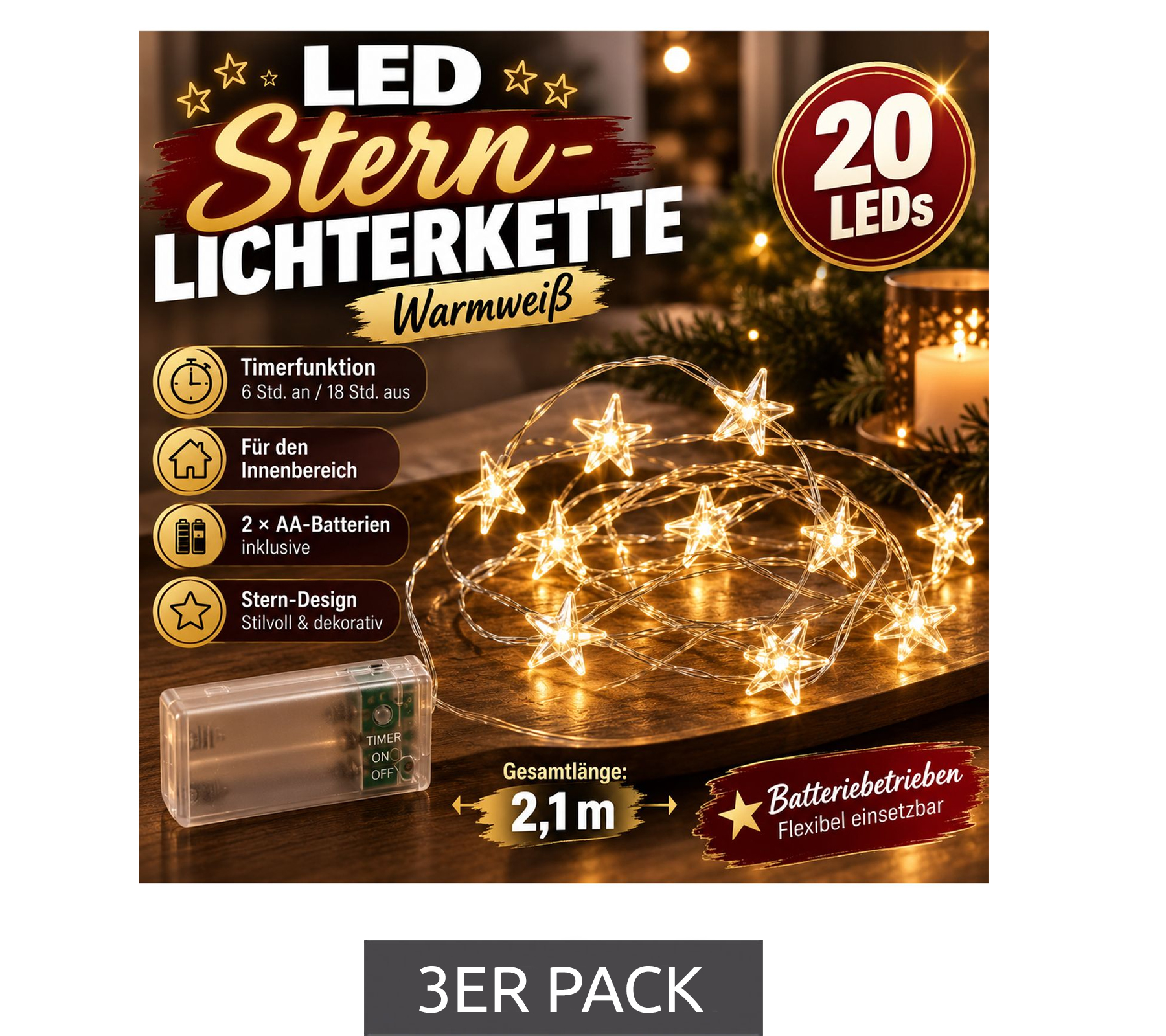 LICHTMOMENTE LED-Lichterkette mit Sternen-Motiv, 3er Pack