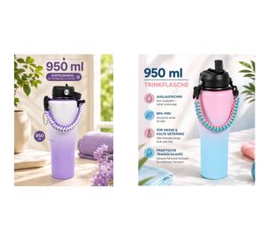 Praktische Edelstahl-Trinkflasche 950 ml Thermobecher doppelwandig Isolierflasche mit Trinkhalm, Trageriemen & Karabiner in Lila/Weiß oder Pink/Blau