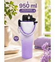 Praktische Edelstahl-Trinkflasche 950 ml Thermobecher doppelwandig Isolierflasche mit Trinkhalm, Trageriemen & Karabiner in Lila/Weiß oder Pink/Blau