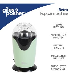 Elektrische giles & posner Popcornmaschine mit 3-Minuten-Schnellpoppung im Retro-Design Popcorn-Maker 1200W EK0493GSGRVDE Grün
