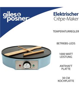 giles & posner Crepes-Maker mit Antihaft-Kochfläche Crêpes-Maschine einstellbarer Temperaturregler 1000W EK6223GSBLVDE Blau