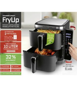platzsparender GOURMETmaxx Airfryer 10 L Heißluft-Fritteuse mit 2 Kammern und 12 Programme Küchen-Kleingerät klappbares Touchdisplay 2800W Schwarz