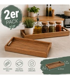Lot économique de 2 – Magnifique plateau en bois de manguier avec poignées ; plateau de service et de petit-déjeuner en bois, env. 34 × 16 × 3,5 cm, marron