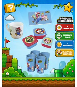 Caja de regalo de Super Mario con 9 artículos para fans: 4 vasos, 1 taza de porcelana, 3 loncheras y 1 tabla de desayuno