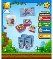 Caja de regalo de Super Mario con 9 artículos para fans: 4 vasos, 1 taza de porcelana, 3 loncheras y 1 tabla de desayuno