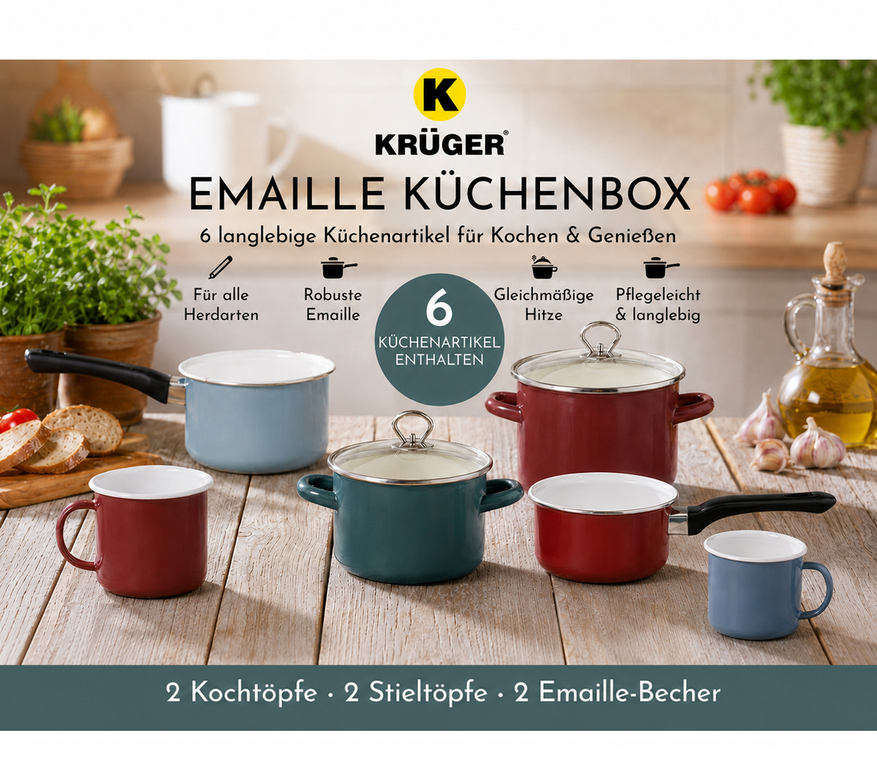 KRÜGER Emaille Geschenkbox mit 6 Küchenartikeln
