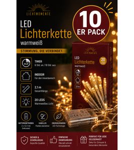 10-Pack Waterproof LICHTMOMENTE LED Wire String Lights with Timer Function – 2.2 Meters, 20 Warm White Micro-LEDs (Silver, Model 9845248)