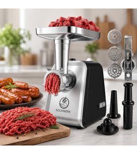 Potente tritacarne 4-in-1 KOCHWERK (1600 Watt) con accessorio per biscotti, accessorio per kibbeh e 3 dischi di macinazione | B-Stock (Argento/Nero)