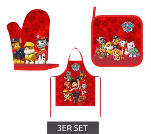 3-teiliges nickelodeon PAW PATROL Schürzen-Set mit Handschuh, Schürze und Untersetzer aus reiner Baumwolle **B-Ware – geprüft & funktionell einwandfrei** 05-15120-25-03 Rot