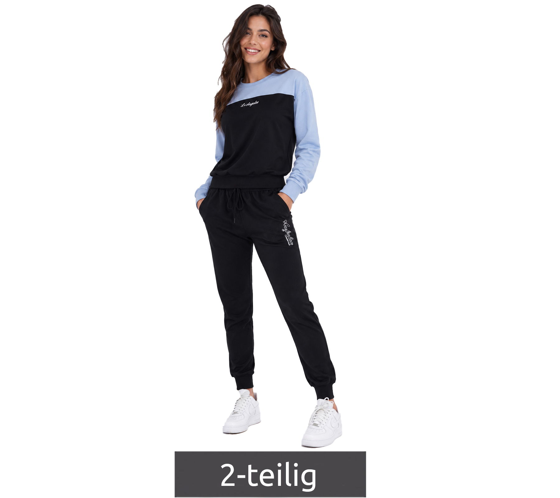 Modern Australian Women's 2-Piece Homewear & Leisure Jogging Suit (Sweatshirt & Joggers) – Model AF 44 in Black/Light Blue