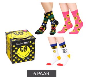 6 Paar Happy Socks Collector's Edition Unisex Baumwoll-Socken Sparpack mit Smiley-Print Alltags-Strümpfe in Geschenk-Box XATSMI08-9300 Bunt