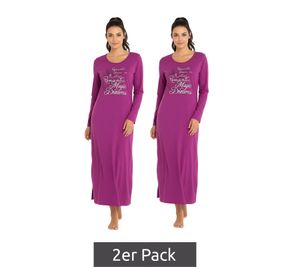 2er Pack langes Damen Nacht-Kleid Pyjama mit Schlitz Nachthemd mit Statement-Print Baumwoll-Kleid Violett