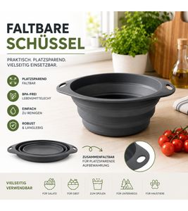 DR HOME DIVISION Faltbare Silikon Schüssel ca. 3,5 L – Platzsparende Faltschüssel mit praktischen Griffen 9499579 **B-Ware – geprüft & funktionell einwandfrei** in Dunkelgrau