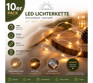 Confezione convenienza da 10: Catena luminosa a LED su filo LICHTMOMENTE con nastro decorativo – Funzione timer, 3,2 metri, 20 micro LED bianco caldo (Modello 9844144, argento)