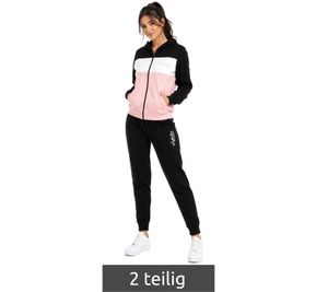 Australian Damen Lounge-Wear-Set 2-teilig Baumwoll Sweat-Jacke & Jogginghose mit Logo-Schriftzug AF42 Schwarz/Rosa/Weiß
