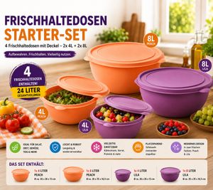 Frischhaltedosen Starter-Set mit 4 Dosen & Deckeln – 2x 4L + 2x 8L Aufbewahrungsschüsseln Peach/Lila