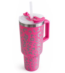 Botella de agua isotérmica de acero inoxidable de 1,2 L con pajita y asa en rosa/plateado con diseño de estampado de leopardo