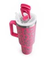 Practical 1.2L Stainless Steel Insulated Thermal Mug in leopard print design with Straw and Handle in Pink/Silver
