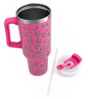 Practical 1.2L Stainless Steel Insulated Thermal Mug in leopard print design with Straw and Handle in Pink/Silver