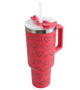 Taza térmica rosa con corazones, 1,2 L, con asa, de acero inoxidable, doble pared, aislada para bebidas frías y calientes.